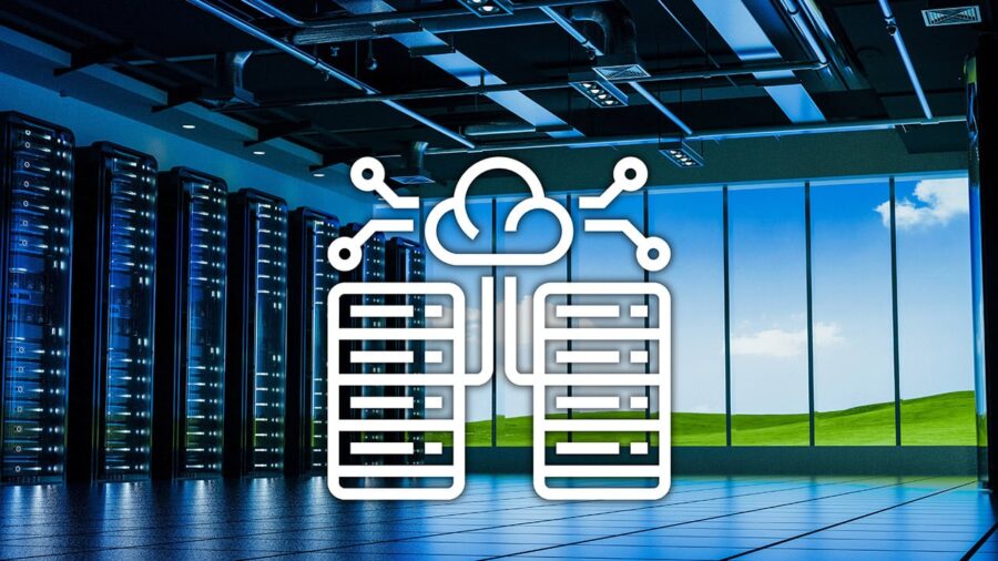 A data center with green hills in the background with a data center symbol overlayed on it.